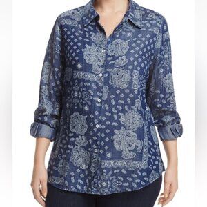 FOXCROFT Chambray Paisley Tencel Button Down Shirt Size 16